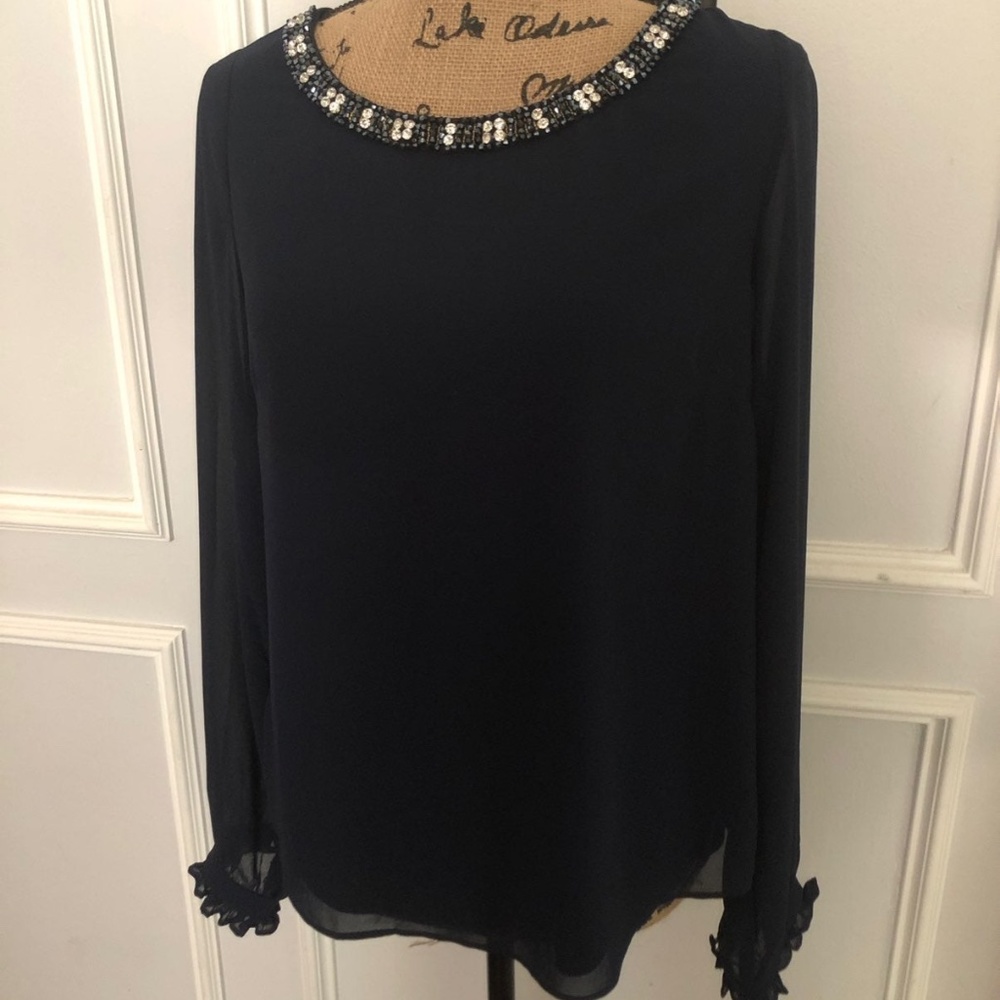 NWOT Navy Ruffle Rhinestone Blouse